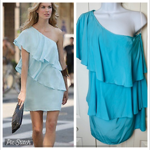 ANNIE GRIFFIN Charlotte One Shoulder Dress Turquoise Aqua Blue 100% Silk Ruffle - Picture 1 of 10